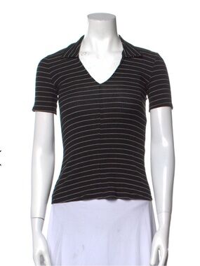 Reformation Black V-Neck Polo with Thin White Stripes XS